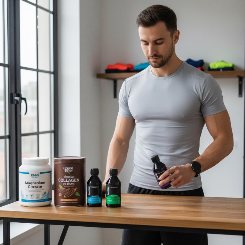 Bărbat sportiv la standing desk cu suplimente lipozomale Lipolife și RAAB Magneziu