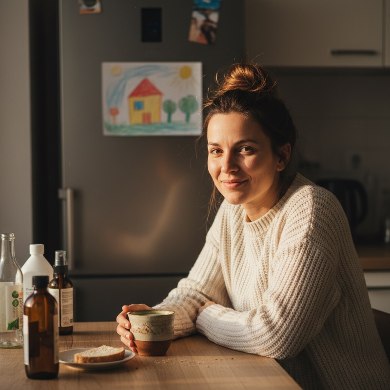 Clientă Biorganica în bucătărie dimineața