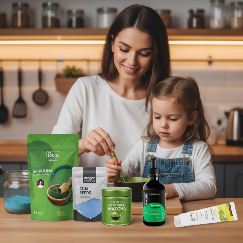 Mamă pregătind un matcha latte cu fiica ei, alături de produse bio Obio și Lipolife
