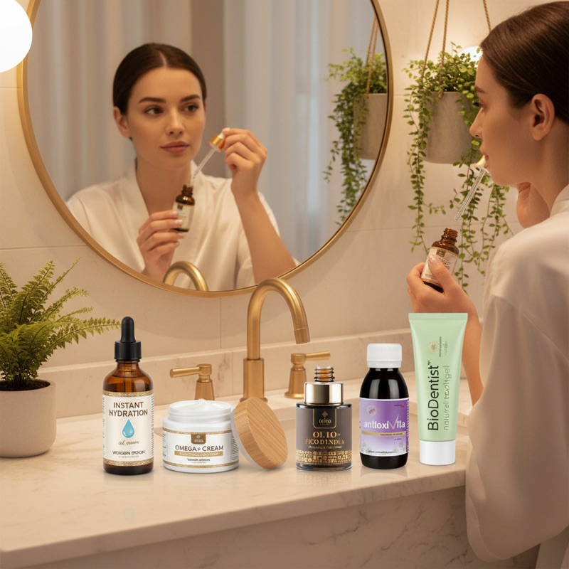 Femeie elegantă aplicând ser Wooden Spoon alături de cosmetice naturale premium